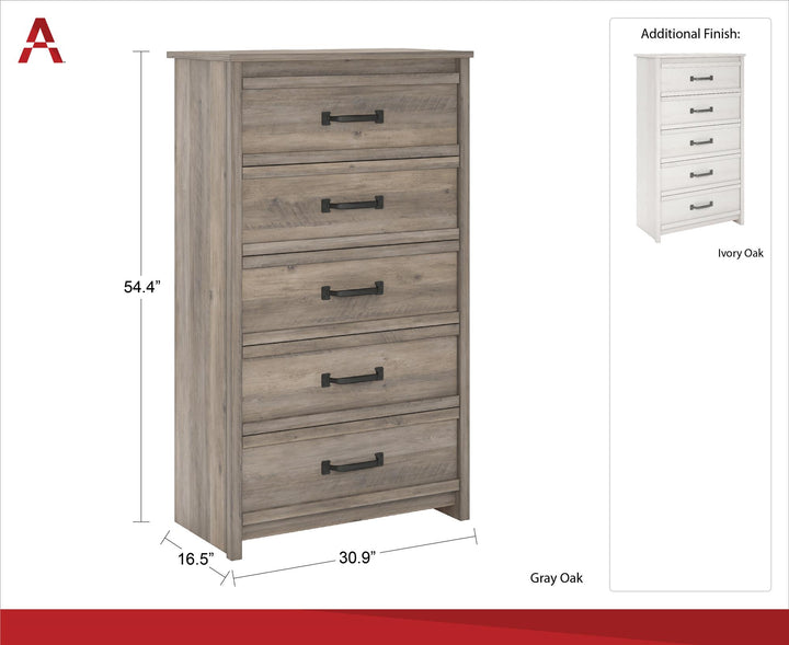 Bedroom Dresser with 5 Drawers and Pewter Handles -  Ivory Oak