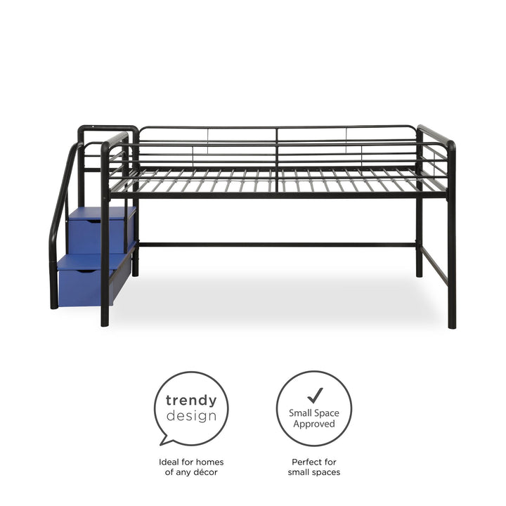 Best Low-Height Loft Bed with Storage Steps -  Black  -  Twin