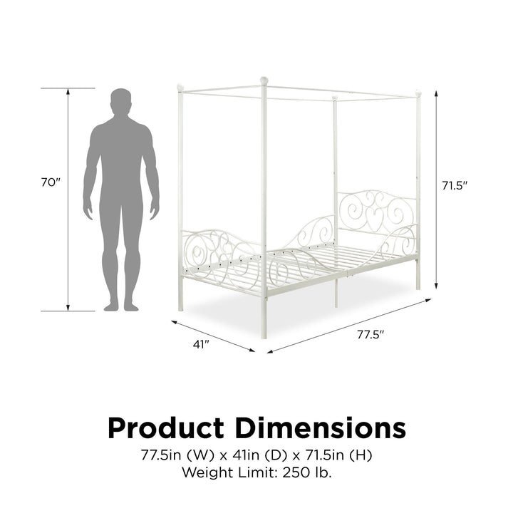 Canopy Bed with Intricate Design Headboard -  White  -  Twin