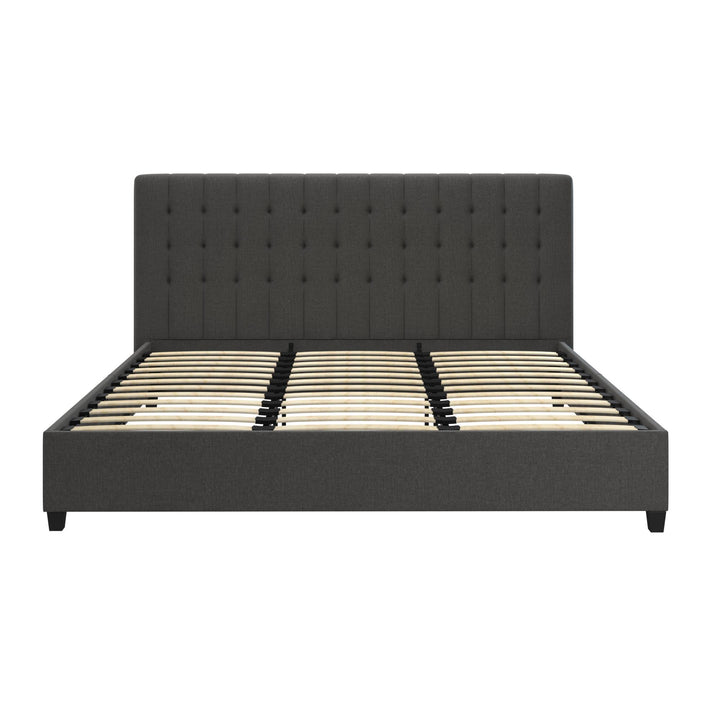 Stylish Upholstered Bed with Wooden Slats -  Black Faux Leather  -  Queen