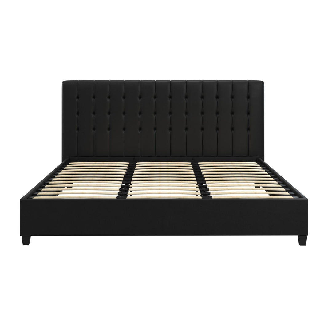 Upholstered Bed with Sturdy Wooden Slats -  Black Faux Leather  -  Queen