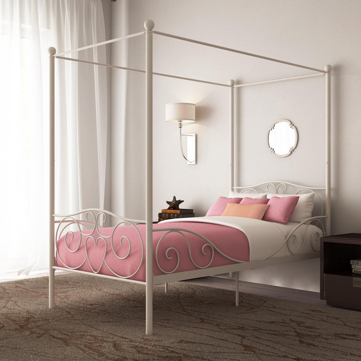 Stylish Canopy Metal Bed Frame -  White  -  Twin