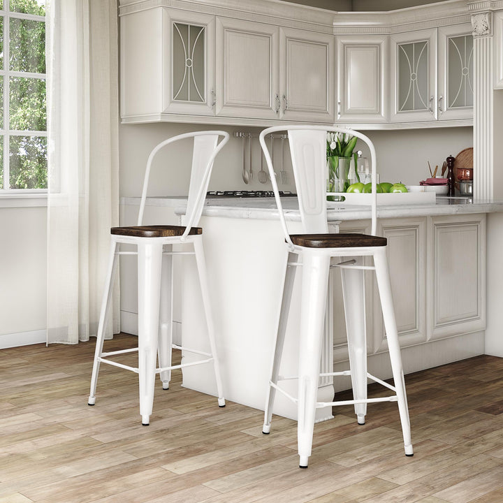 Metal bar stools with wood seat -  White