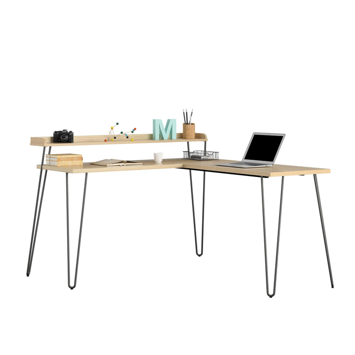 Computer L Desk with Riser and Hairpin Legs -  Natural