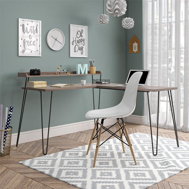 Retro Computer Desk with Riser for Workspace -  Distressed Gray Oak