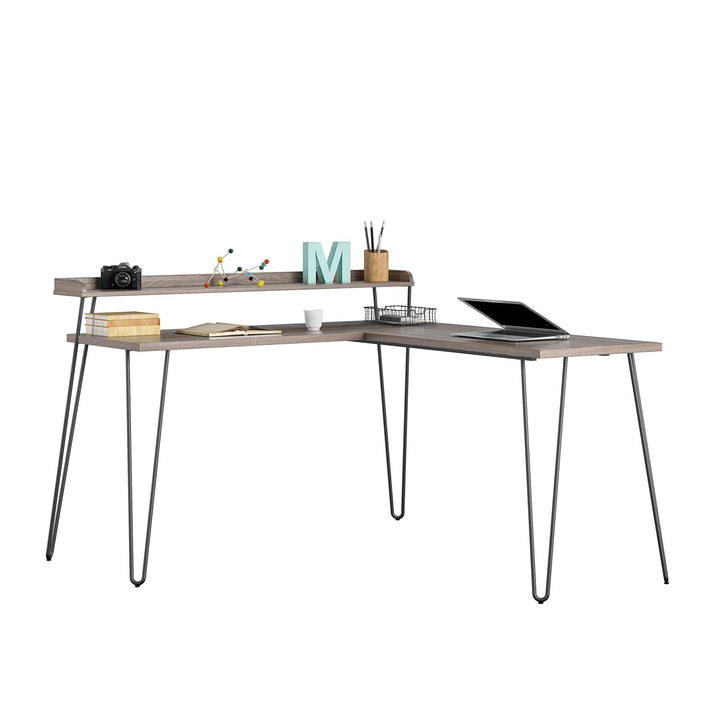 Durable Haven Retro Computer L Desk with Riser -  Distressed Gray Oak