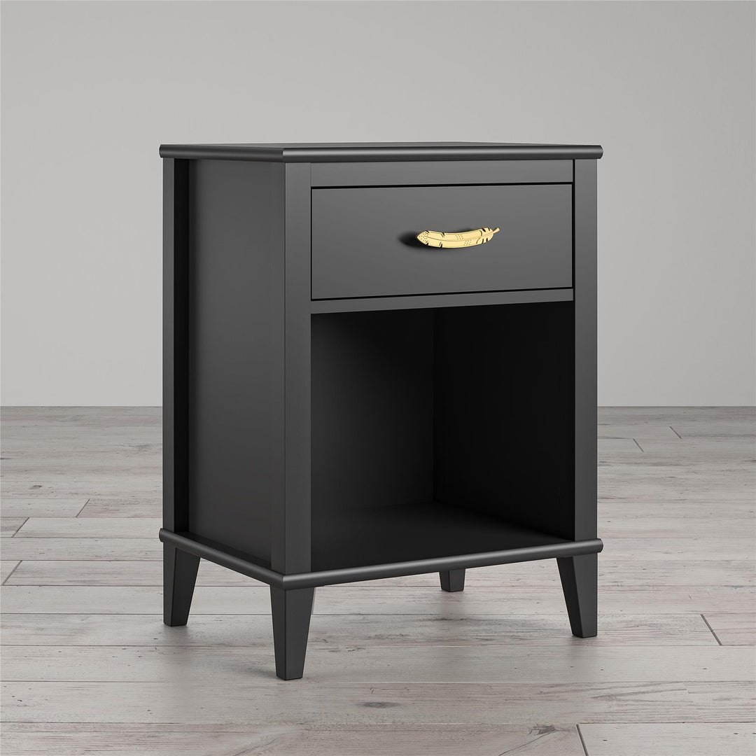 Nightstand with gold feather drawer pull -  Black