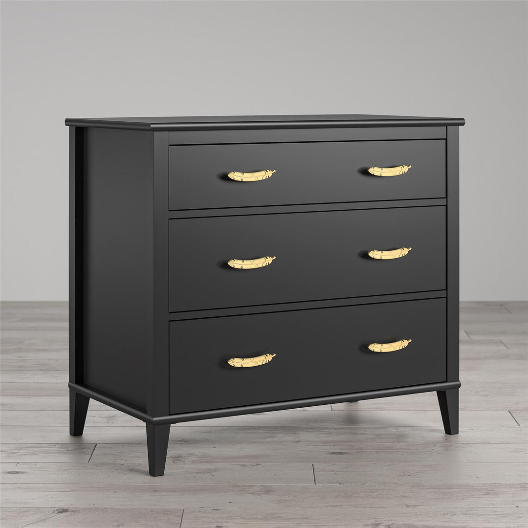 3 drawer dresser with gold feather pulls -  Black