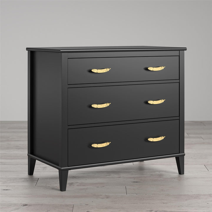 3 drawer dresser with gold feather pulls -  Black