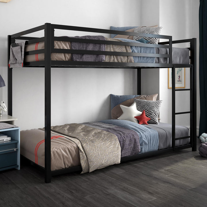 Twin Metal Bunk Bed with Secured Slats -  Black  - Twin-Over-Twin
