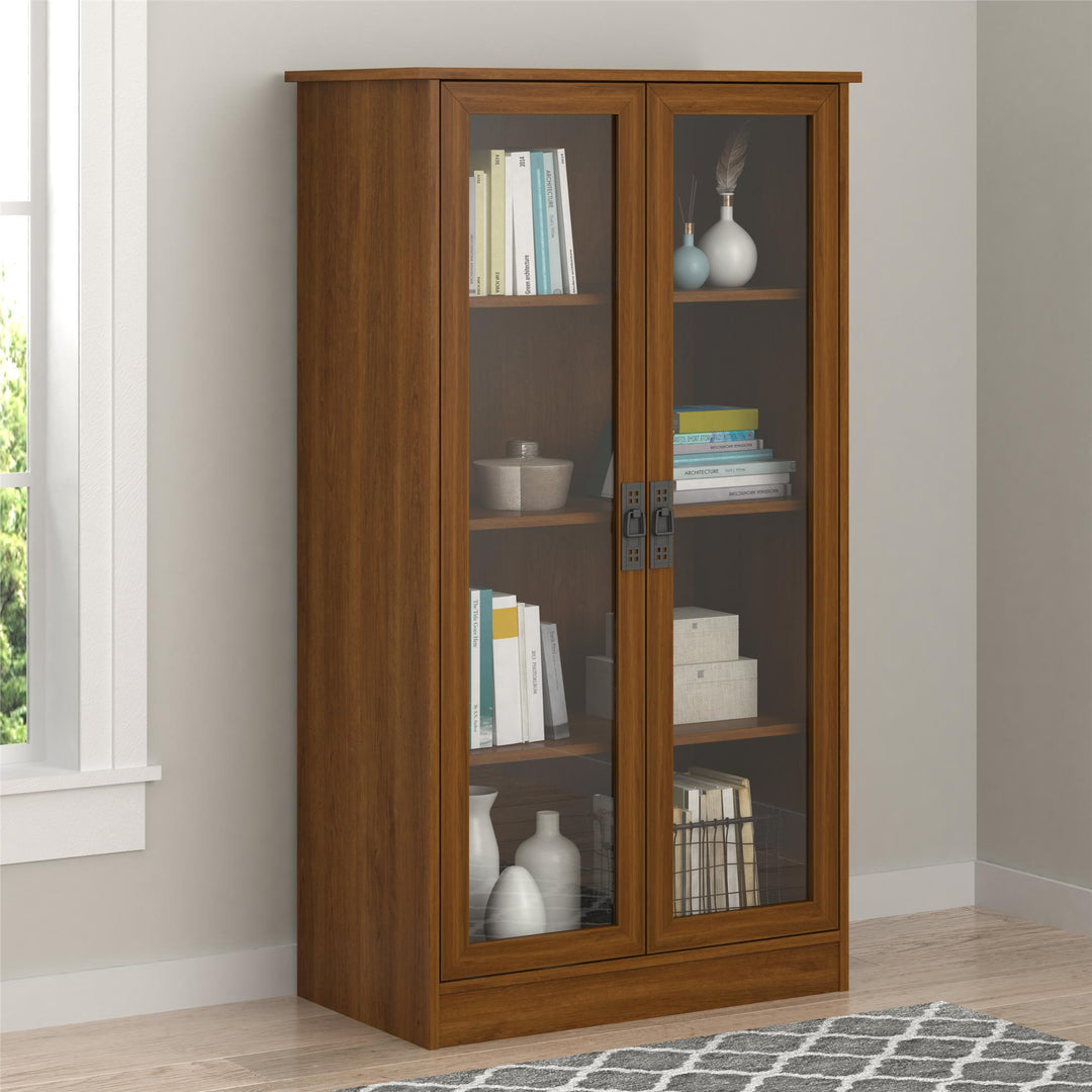 Elegant Glass Door Bookcase: Quinton Point -  Brown Oak