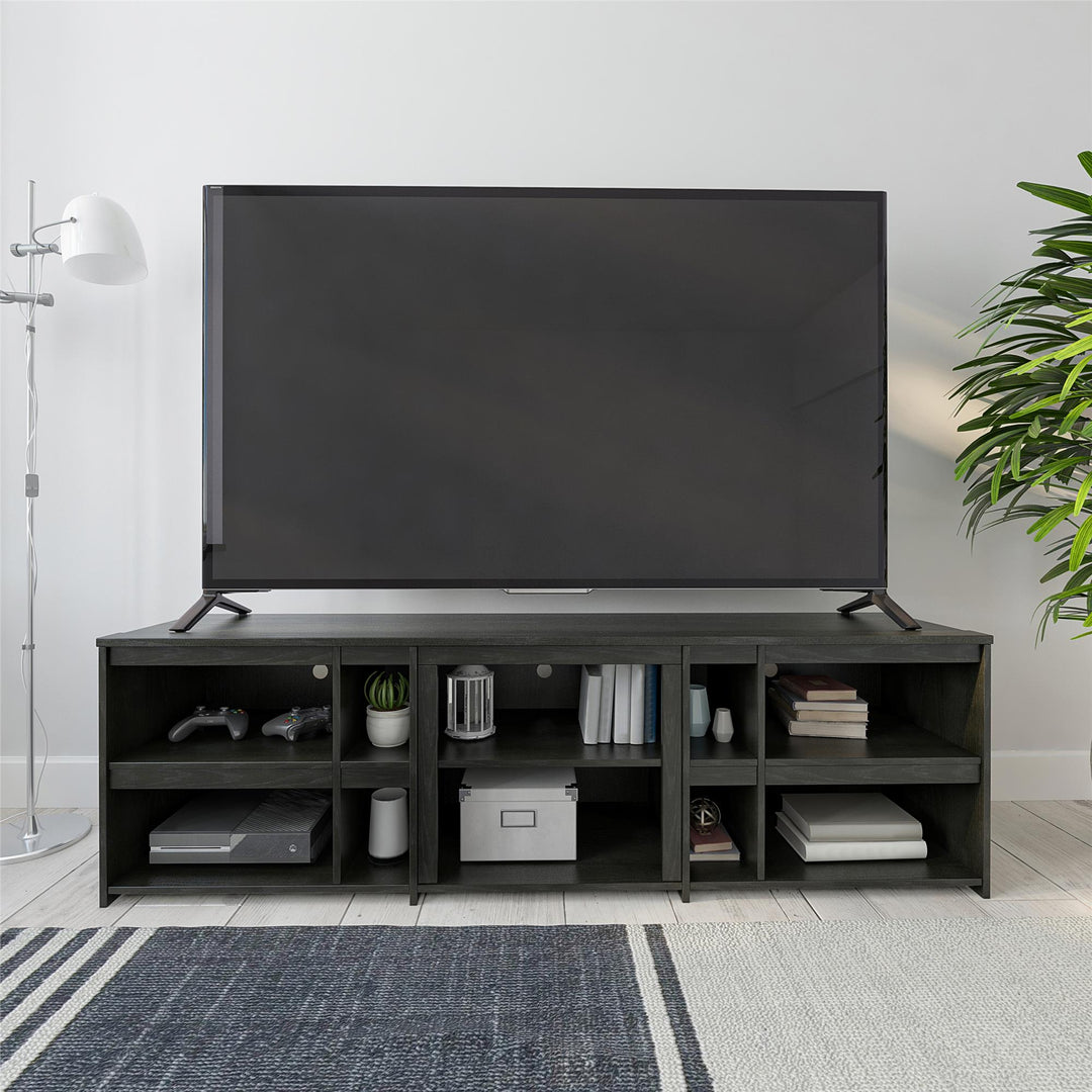TV Stand with 6 Large and 4 Small Shelves -  Black Oak