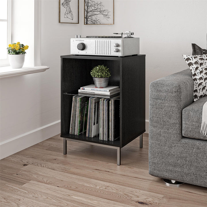 Stylish Turntable Stand with Shelves -  Black Oak