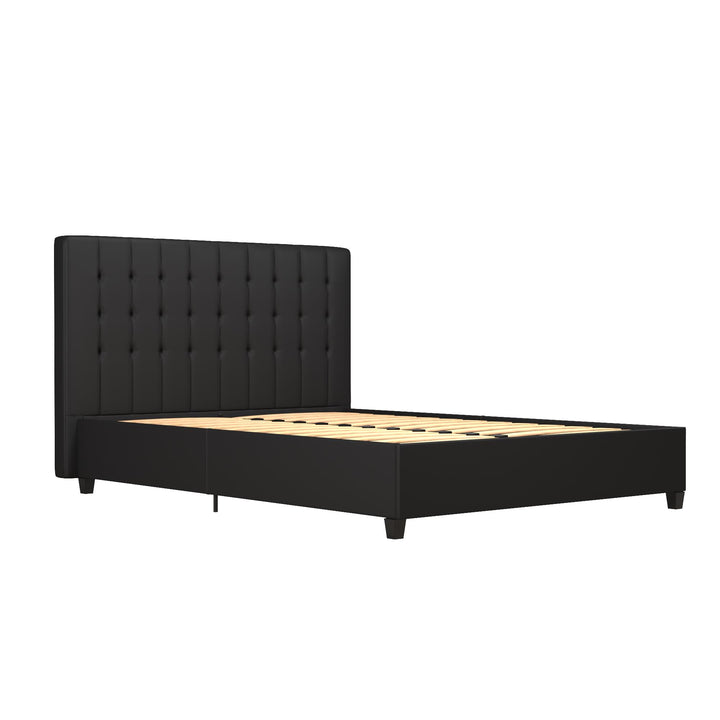 Upholstered Bed with Wood Frame and Slats -  Black Faux Leather  -  Full
