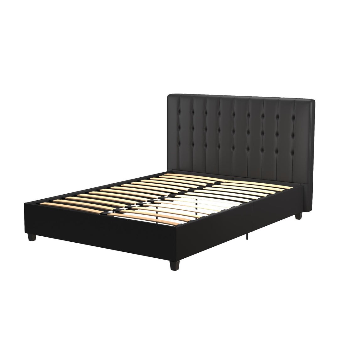 Upholstered Bed with Sturdy Wood Slats -  Black Faux Leather  -  Full