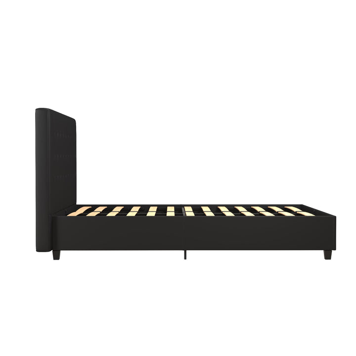Emily Upholstered Bed with Wood Frame and Slats - Black Faux Leather - Full