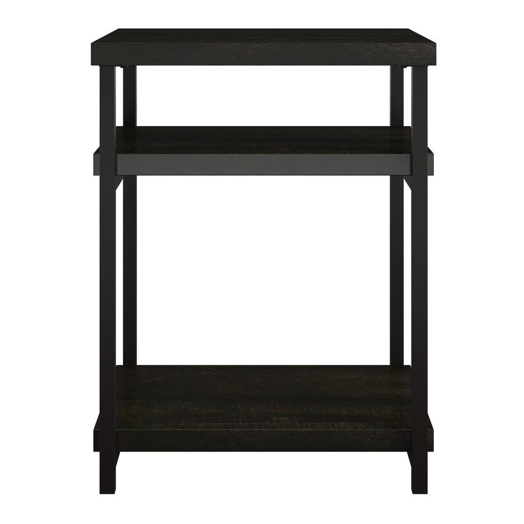 Elmwood End Table with 2 Lower Shelves and Metal Frame  -  Brown Oak