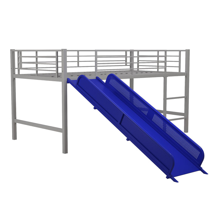Laurie Junior Loft Bed with Metal Frame and Built-In Slide - Silver / Blue - Twin