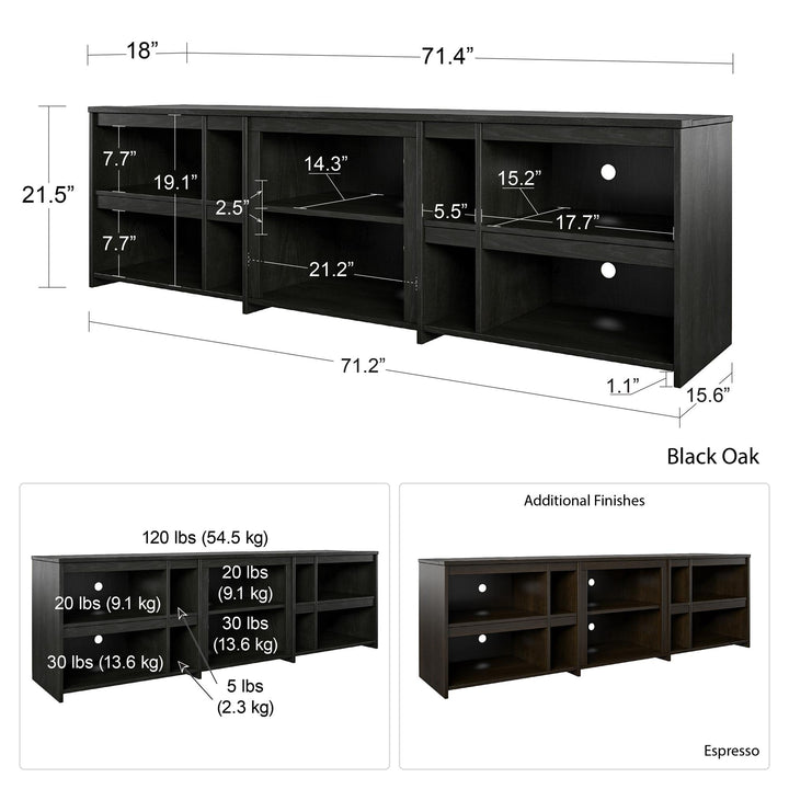 Miles TV Stand with 6 Large Shelves -  Black Oak