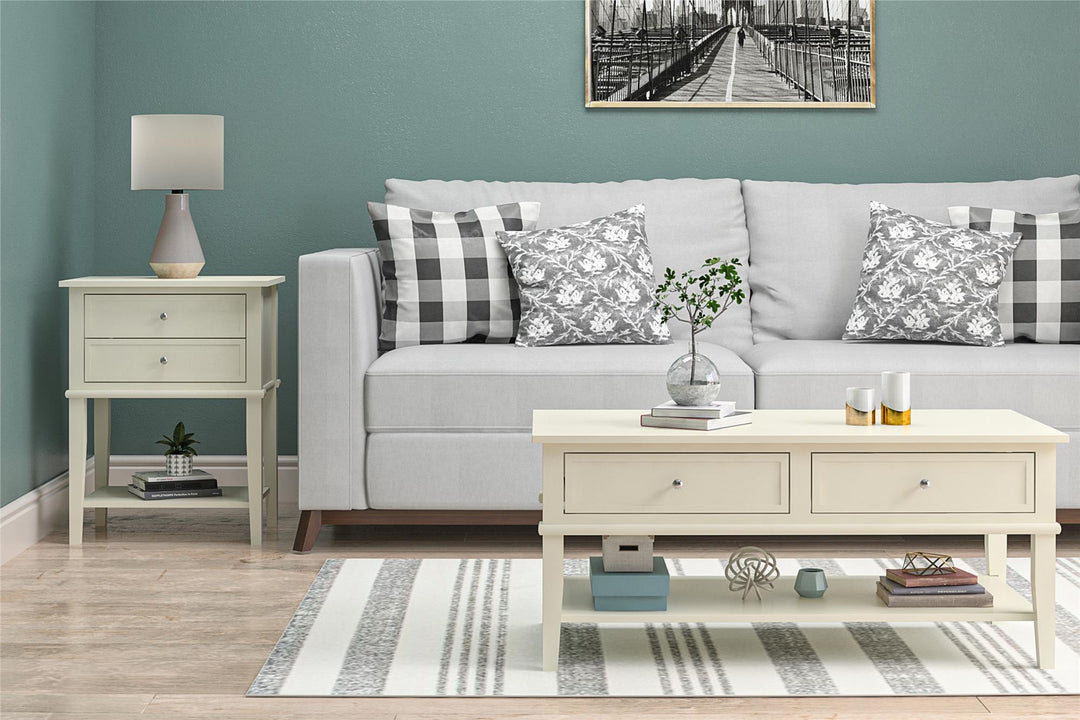 Coffee Table with 2 Drawers and Shelf -  White