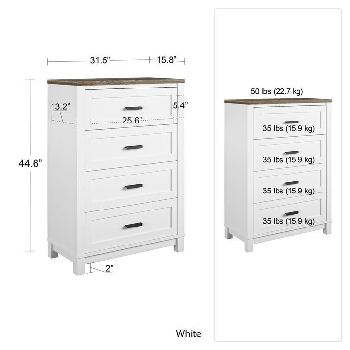 Modern Farmhouse Dresser with 4 Drawers -  White