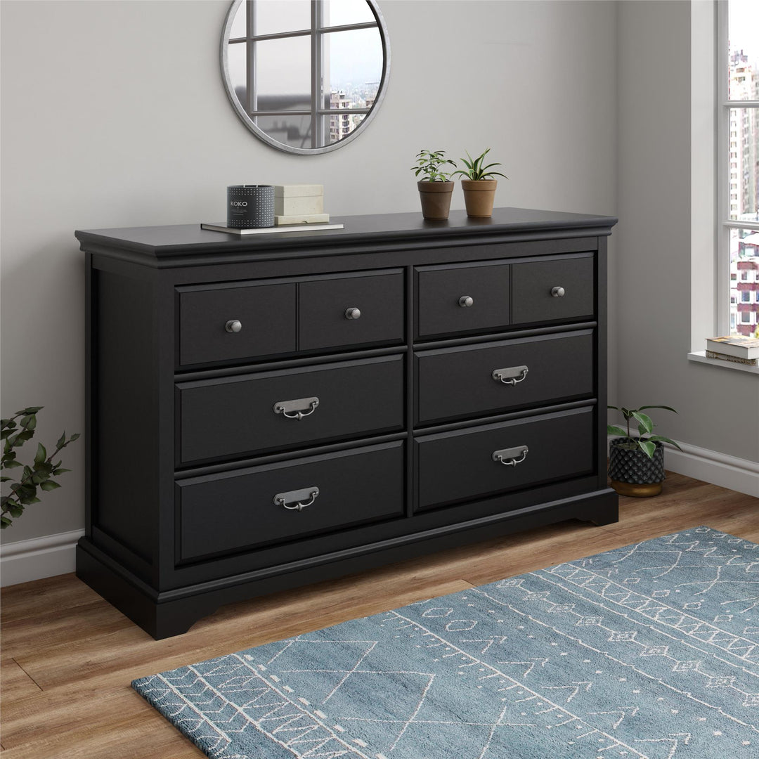 Bristol Traditional 6 Drawer Dresser with Elegant Moldings and Pewter Pulls - Black