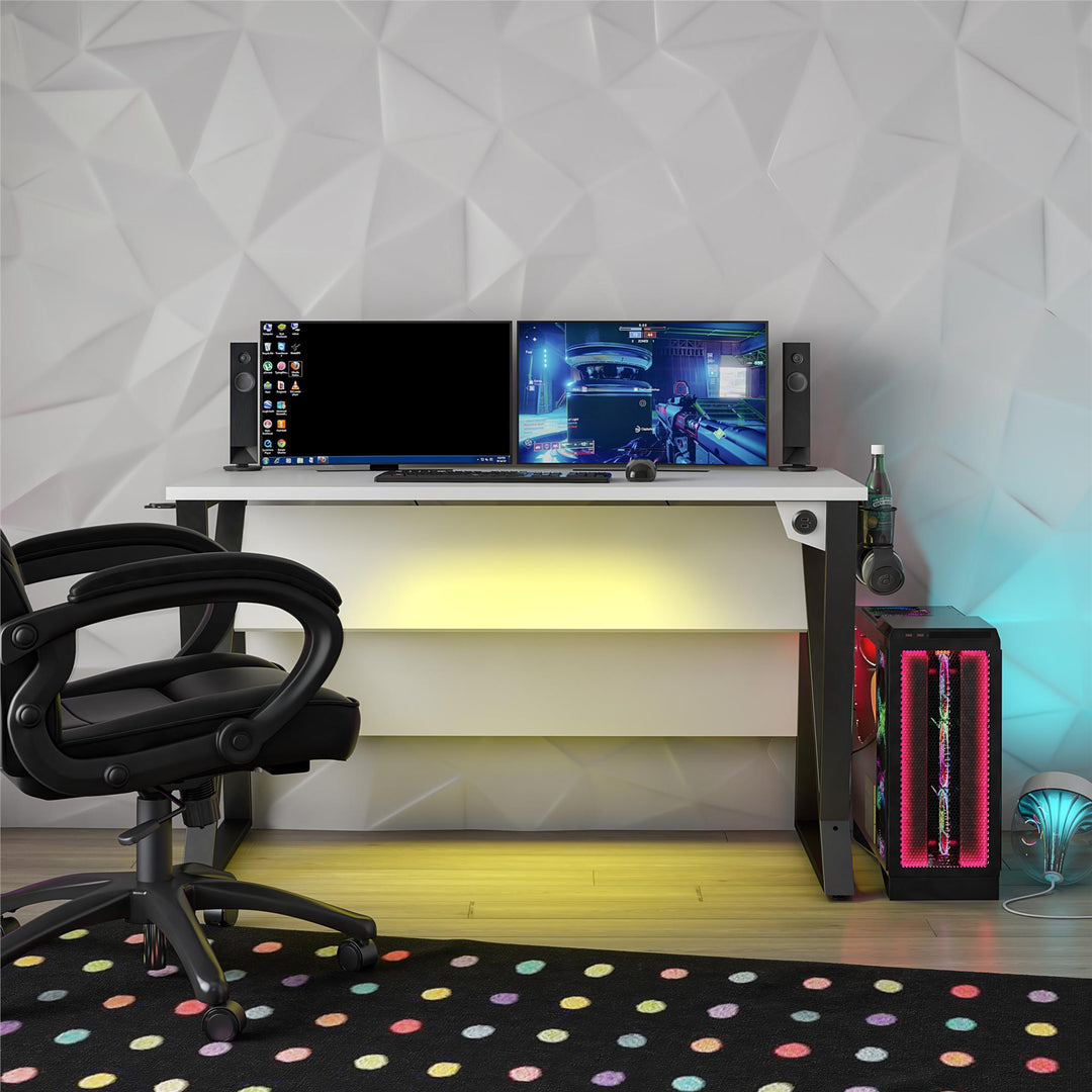 Gaming Desk with LED Lights -  White