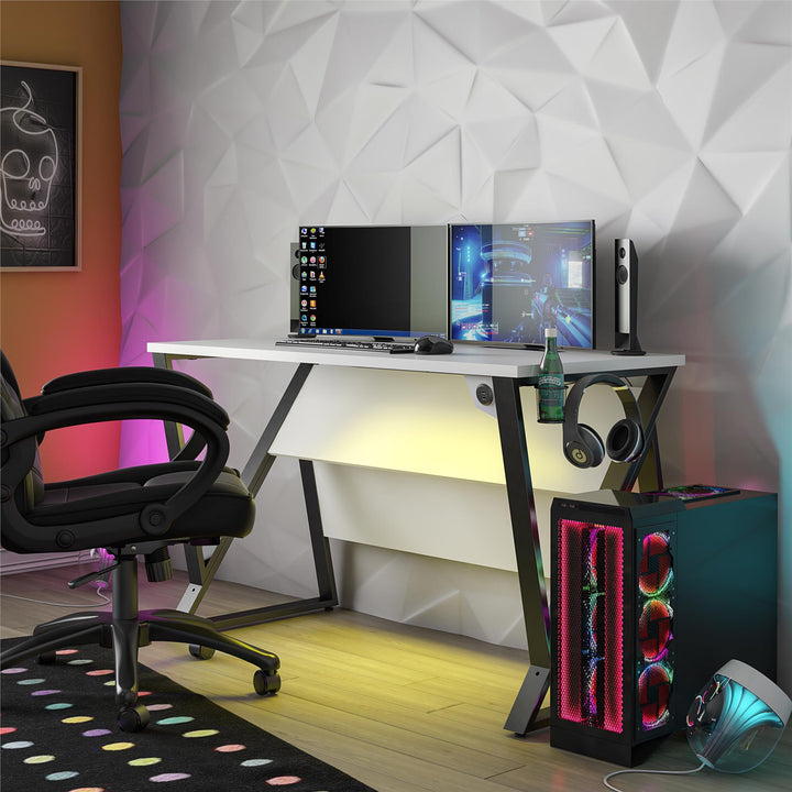 Height Adjustable Gaming Desk with LED Lights -  White