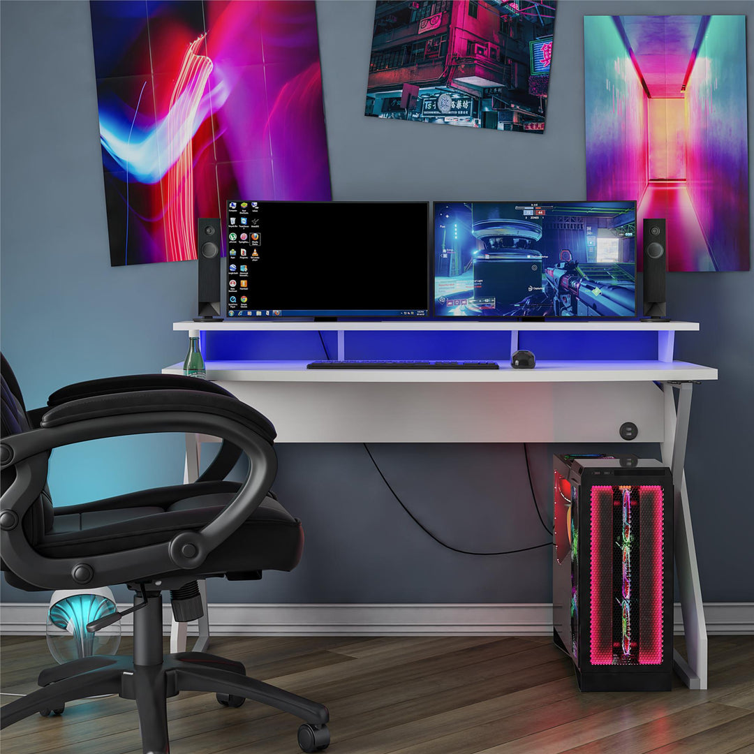 Gaming Desk with Riser and LED Lights Xtreme -  White