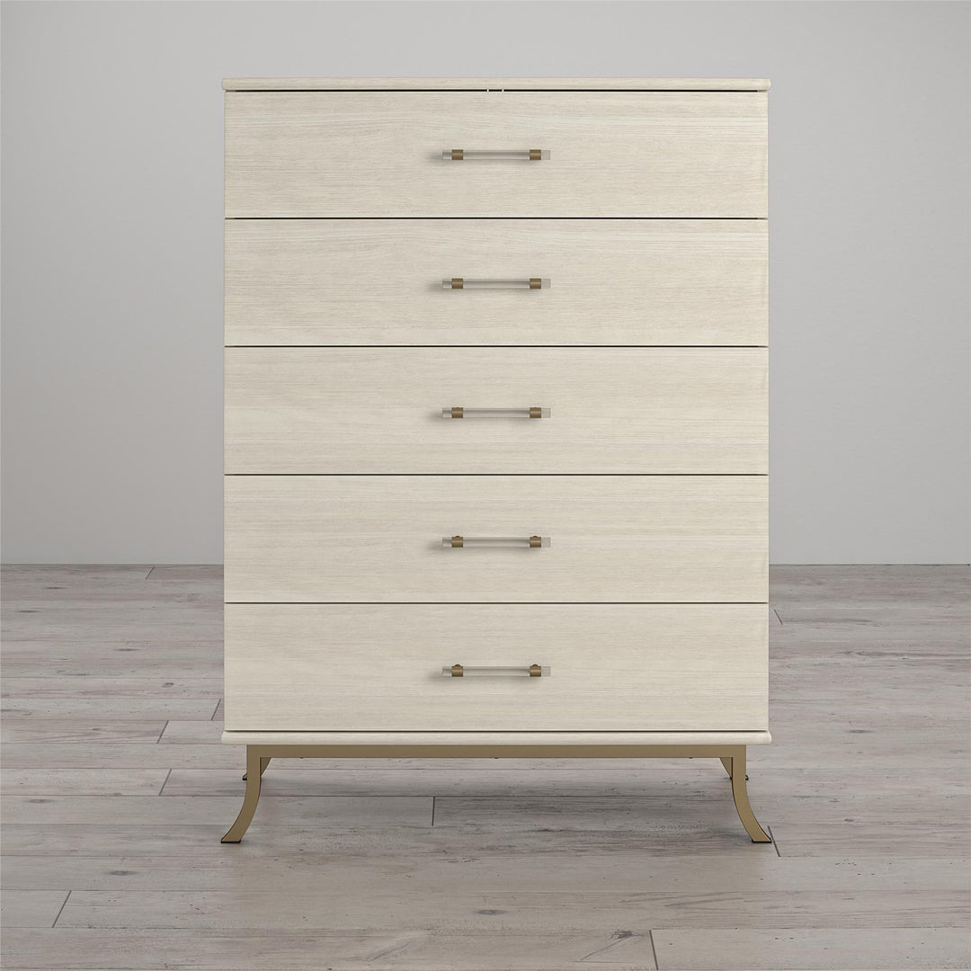 Clementine Acrylic Handles 5 Drawer Dresser -  Ivory Oak