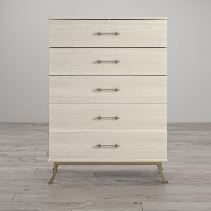 Clementine Acrylic Handles 5 Drawer Dresser -  Ivory Oak