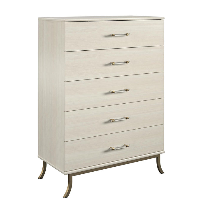 Clear Acrylic Handles 5 Drawer Dresser -  Ivory Oak
