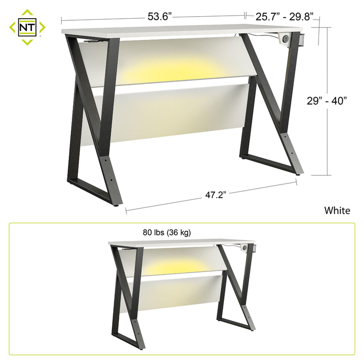 Genesis Height Adjustable Gaming Desk with LED Lights - White