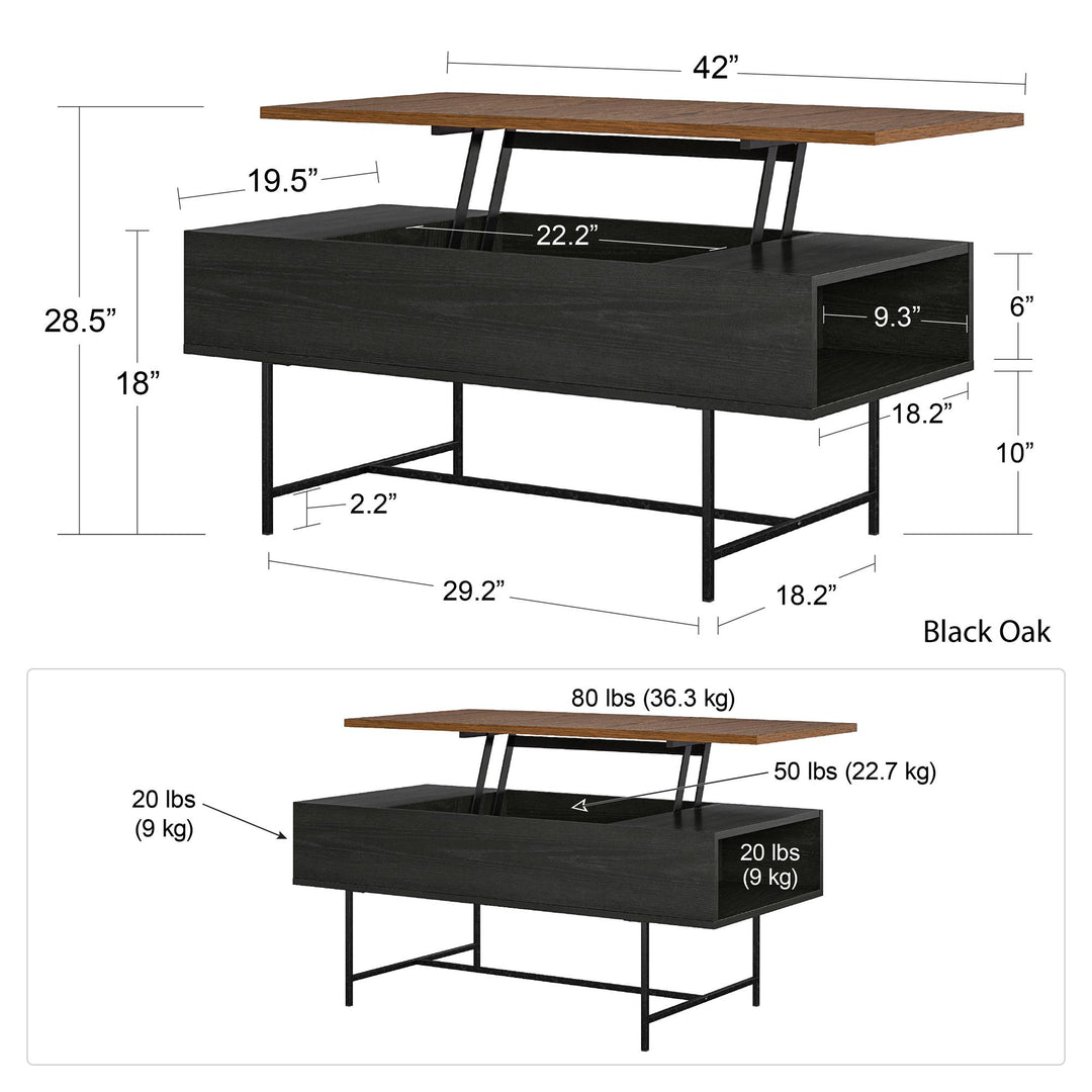 Reznor Lift-Top Coffee Table with Storage and Metal Frame - Black Oak