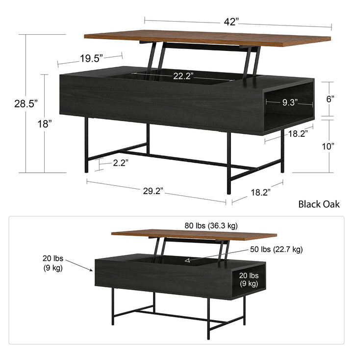 Reznor Lift-Top Coffee Table with Storage and Metal Frame - Black Oak