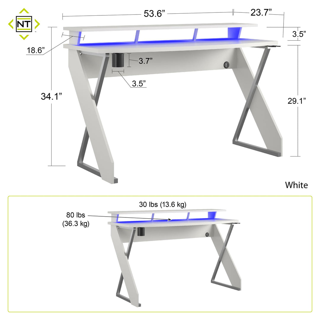 Xtreme Gaming Desk with Riser and LED Lights - White