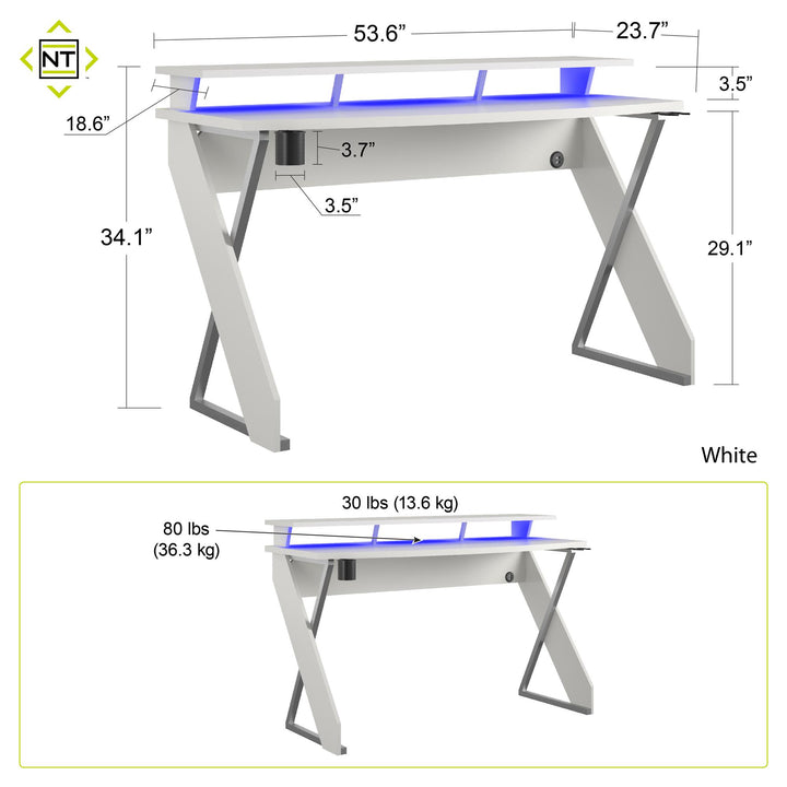 Xtreme Gaming Desk with Riser and LED Lights - White