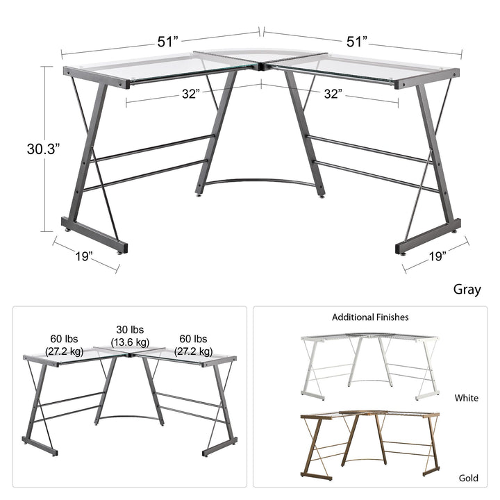 Office Desk with glass L-Shaped Design - Gray