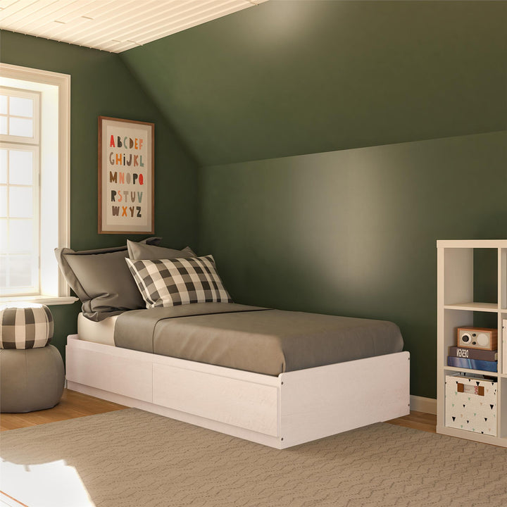 Platform Bed with 2 Large Storage Drawers and No Box Spring Required - Ivory Oak - Twin