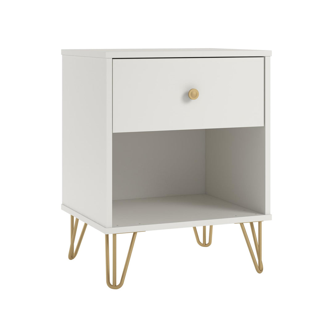 Finley Nightstand with 1 Drawer and Gold Hairpin Legs - White