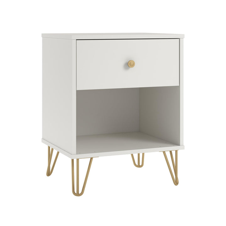 Finley Nightstand with 1 Drawer and Gold Hairpin Legs - White