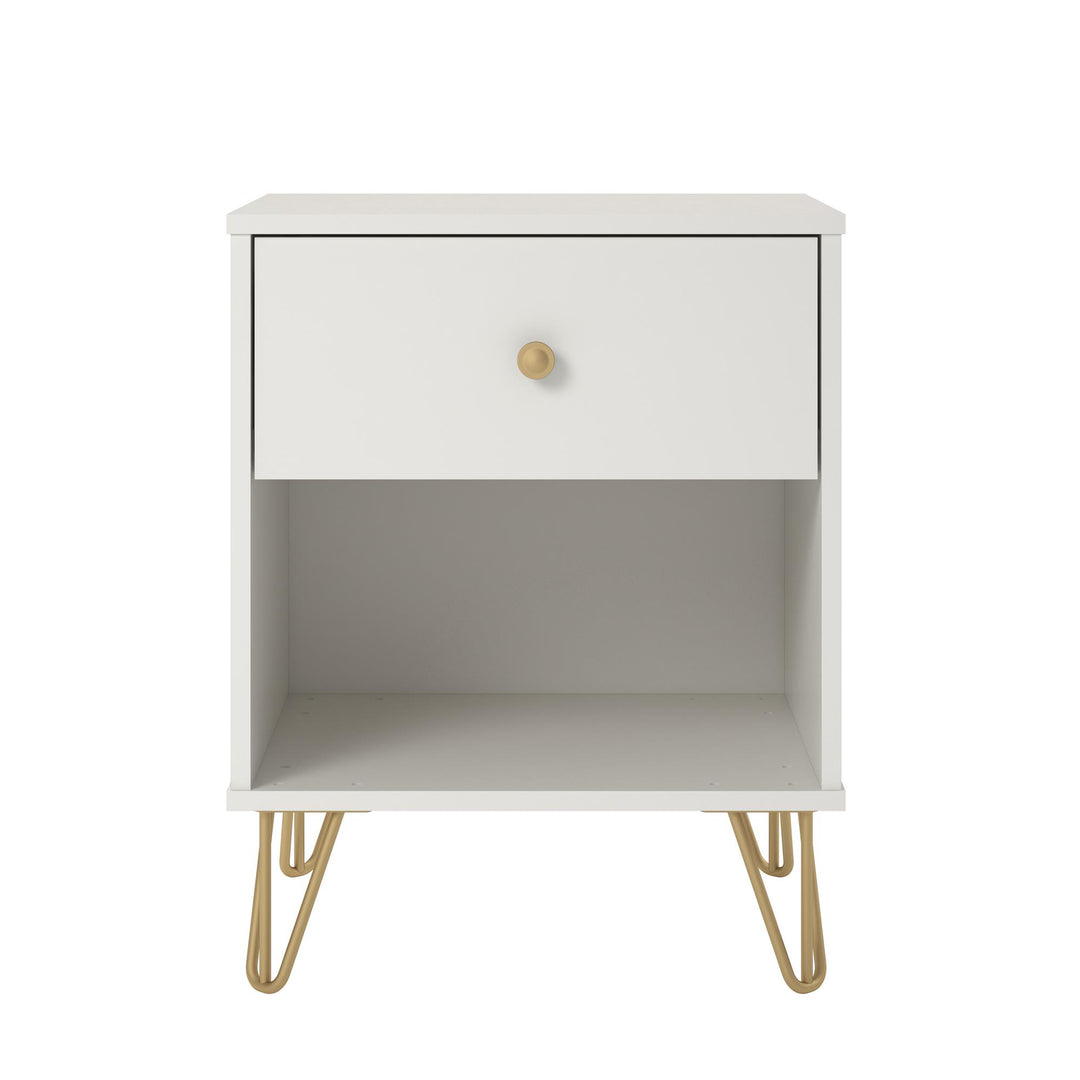 Finley Nightstand with 1 Drawer and Gold Hairpin Legs - White