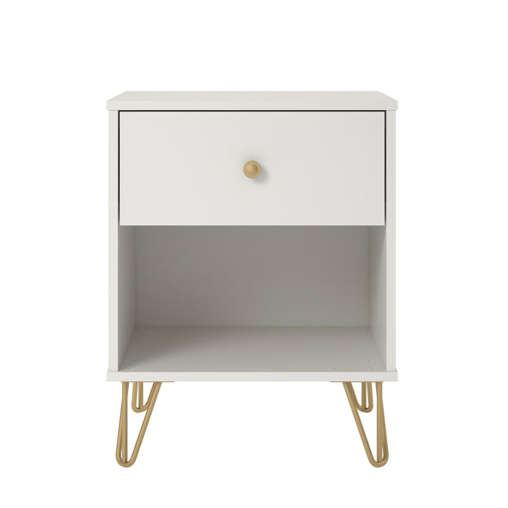 Finley Nightstand with 1 Drawer and Gold Hairpin Legs - White