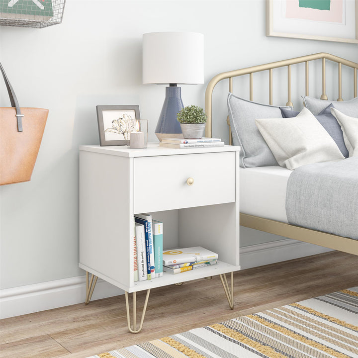 Finley Nightstand with 1 Drawer and Gold Hairpin Legs - White