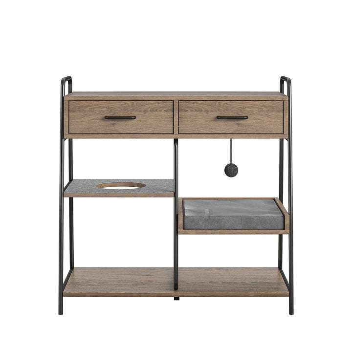 O'Malley Accent Table with 2 Drawers, Cushioned Cat Bed and 2 Open Shelves  -  Rustic Oak