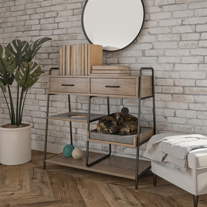 Innovative tables with built-in cat beds -  Rustic Oak