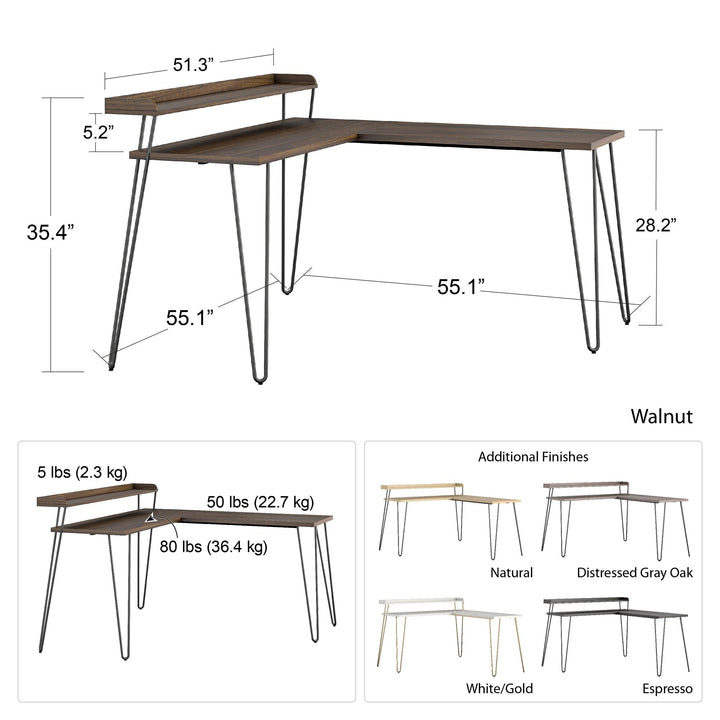 Functional Retro L Desk with Metal Hairpin Legs -  Distressed Gray Oak
