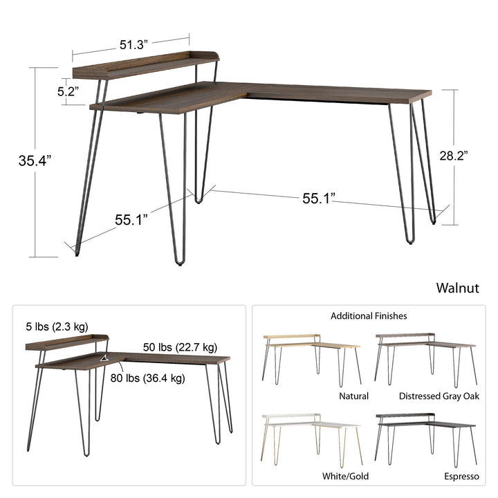 Stylish Retro Computer L Desk with Riser -  Espresso