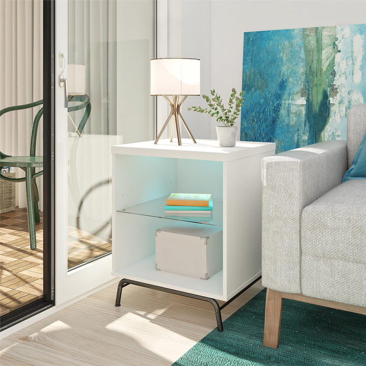 End table with LED and glass shelf -  White