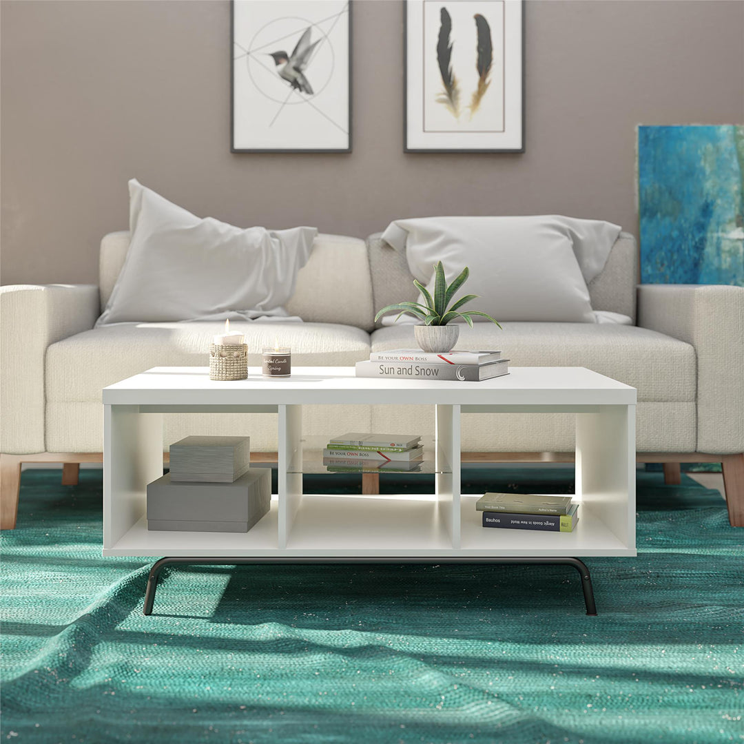 Melbourne Coffee Table with Glass Shelf and 2 Open Compartments - White